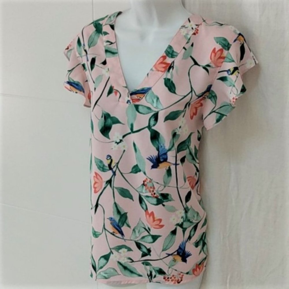 C&E Floral Tropical Bird Cap Sleeve Blouse L